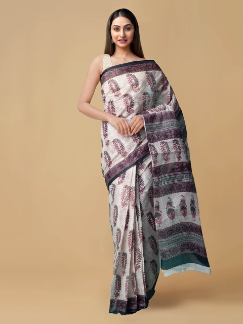 

Unnati Silks Women Cream-Coloured & Pink Pure Krisha Cotton Sustainable Saree
