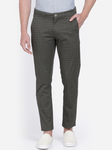 

Crocodile Men Olive Green Slim Fit Checked Regular Trousers