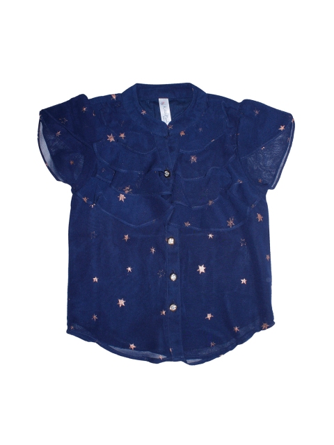 KiddoPanti Navy Blue & Gold-Coloured Printed Mandarin Collar Crepe Shirt Style Top