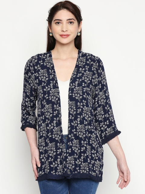 

People Women Blue Printed Open Front Jacket