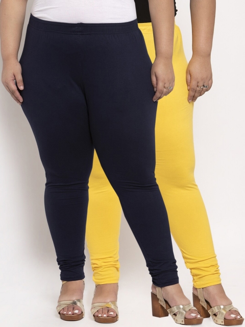 

TAG 7 PLUS Women Pack Of 2 Solid Ankle-Length Plus Size Leggings, Navy blue