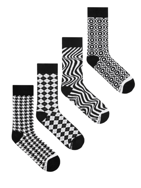 

Dynamocks Unisex Pack of 4 Black & White Patterned Sustainable Calf-Length Socks