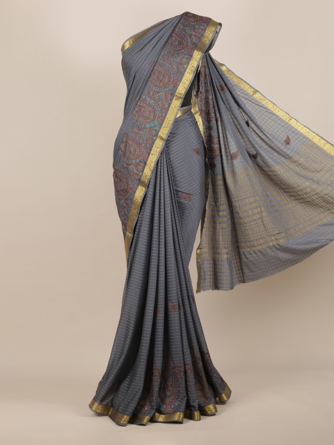 

Pothys Grey Striped Poly Georgette Saree