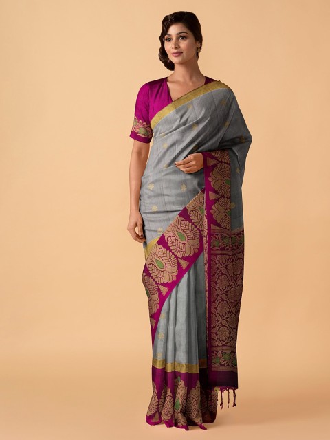 

Taneira Grey & Pink Pure Silk Woven Design Saree