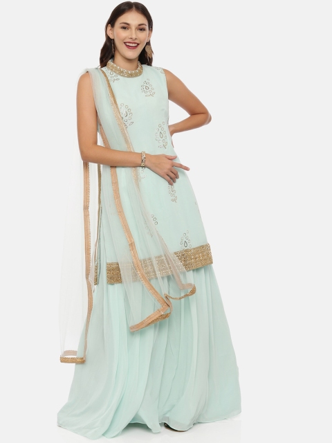 

Neerus Women Sea Green & Gold-Toned Self Design Kurti with Skirt & Dupatta