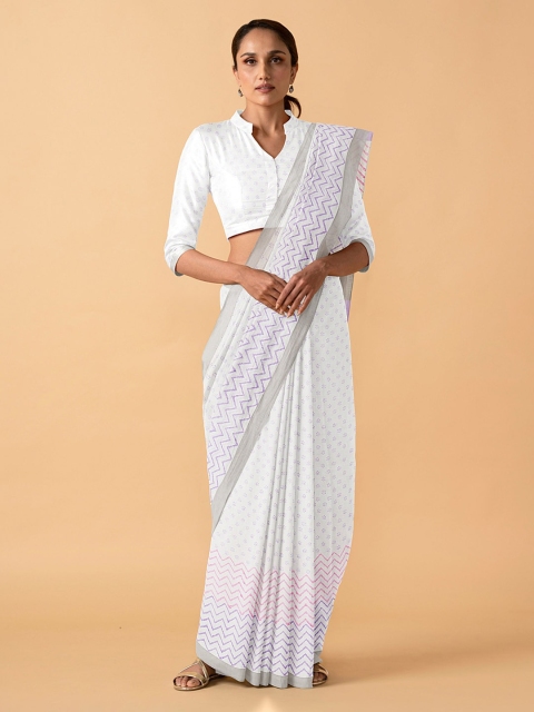 

Taneira White Pure Cotton Striped Block Print Saree