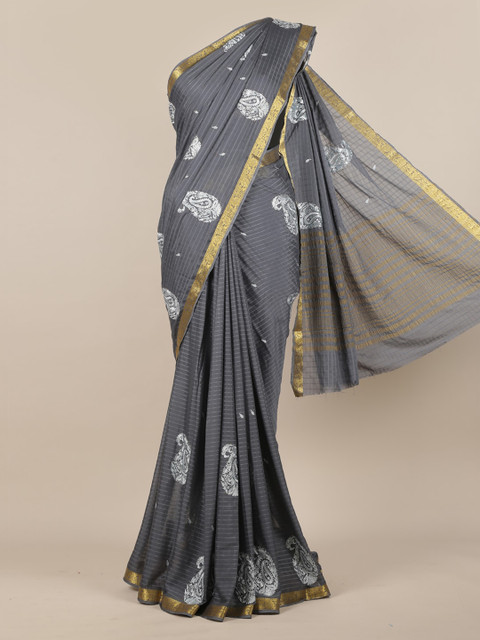

Pothys Grey & White Poly Georgette Striped Saree