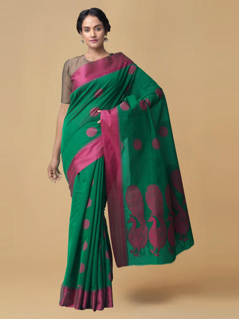 

Unnati Silks Green Silk Cotton Printed Baluchari Saree