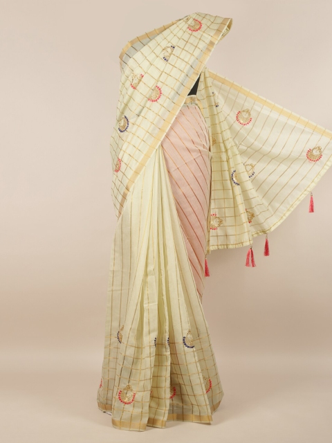 

Pothys Cream-Coloured & Gold-Toned Jute Silk Striped Saree