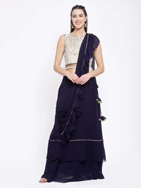 

studio rasa Women Navy Blue Solid Tiered Maxi Skirt With Attached Dupatta