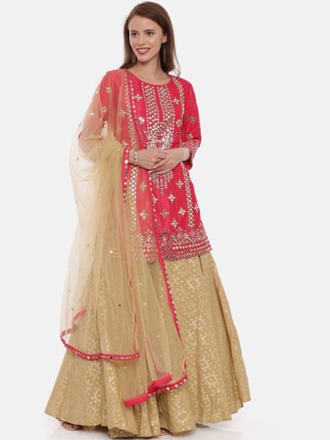 

Neerus Pink & Beige Embellished Ready to Wear Lehenga & Blouse with Dupatta