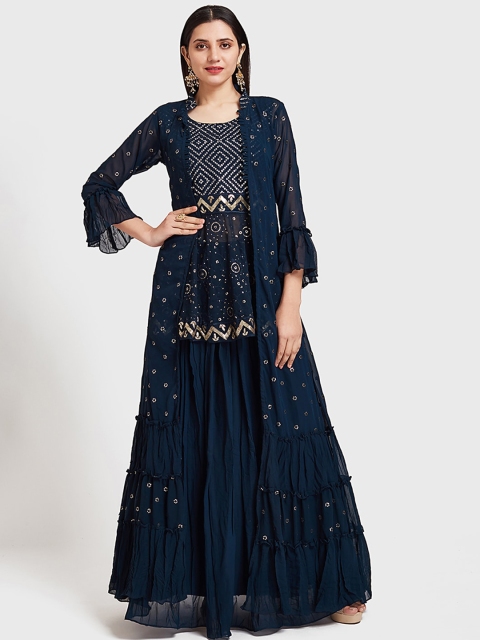 

Neerus Women Blue Embellished Tunic with Skirt & Coat
