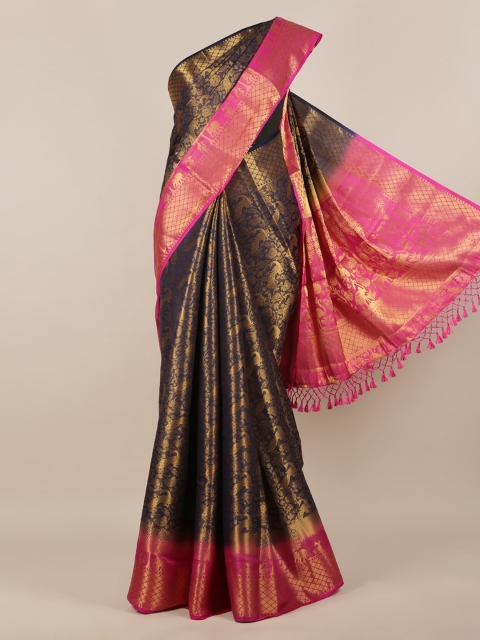 

Pothys Navy Blue & Gold-Toned Jute Silk Woven Design Saree