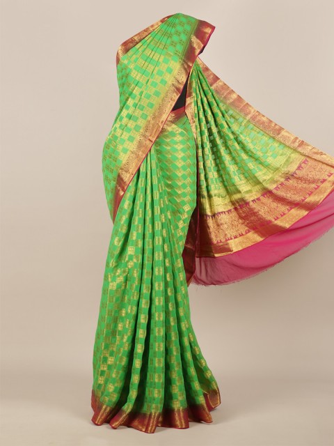 

Pothys Green & Gold-Toned Poly Georgette Woven Design Saree