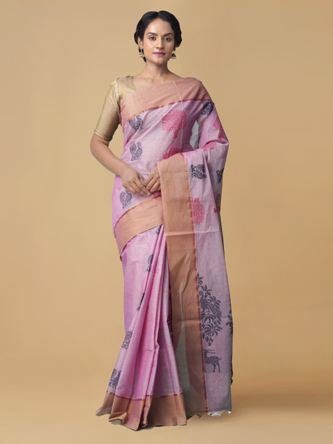 

Unnati Silks Pink Pure Cotton Printed Handloom Uppada Saree