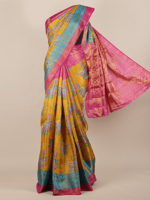 

Pothys Mustard Yellow & Blue Jute Silk Printed Saree