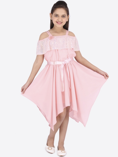 

CUTECUMBER Girls Peach-Coloured Embellished Fit and Flare Dress
