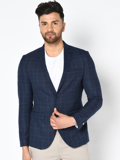 

Blackberrys Men Navy Blue & Grey Checked Slim-Fit Single-Breasted Casual Blazer