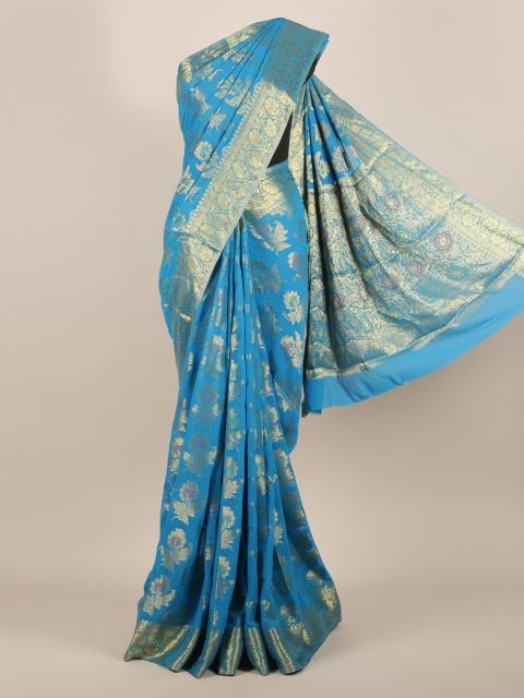

Pothys Blue & Gold-Toned Poly Georgette Woven Design Saree