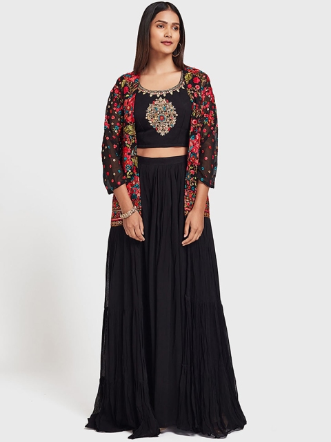 

Neerus Women Black & Red Embellished Top with Skirt