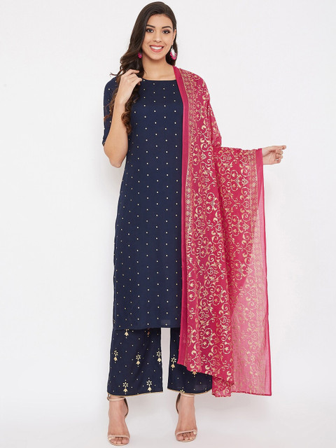 

Prakhya Women Blue & Gold-Toned Printed Kurta with Palazzos & Dupatta