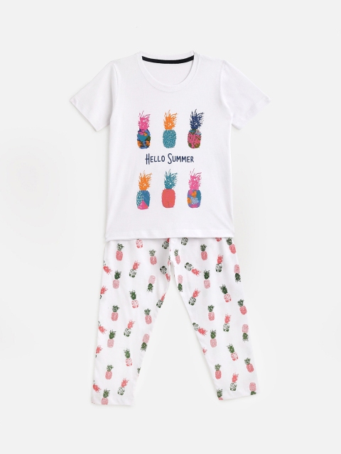 

KIDSCRAFT Girls White & Pink Printed T-shirt with Pyjamas