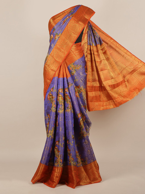 

Pothys Blue & Orange Jute Silk Printed Saree