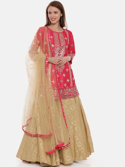 

Neerus Pink & Beige Embellished Ready to Wear Lehenga & Blouse with Dupatta