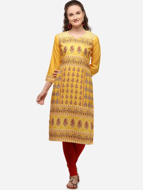 

VENISA Women Yellow Floral Printed Crepe Kurta