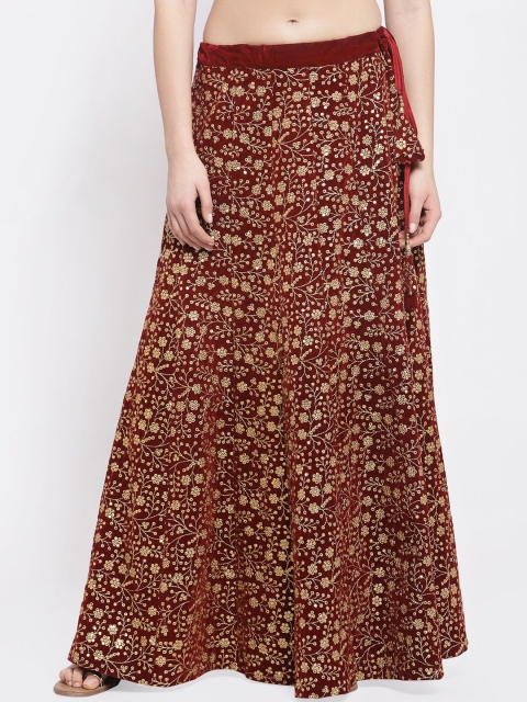 

studio rasa Women Maroon & Gold Coloured Embroidered Flared Maxi Skirt
