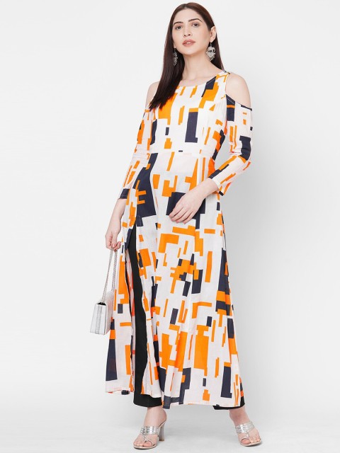 

Vedic Women White & Orange Geometric Printed Cold-Shoulder Sleeves Kurta