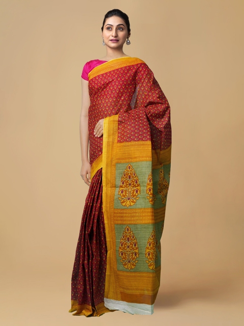 

Unnati Silks Red & Yellow Pure Cotton Printed Handloom Kovai Saree