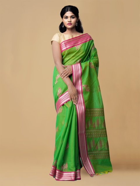 

Unnati Silks Green & Pink Silk Cotton Woven Design Baluchari Sustainable Saree