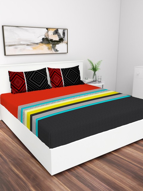 GRES HOME Red & Black Striped 180 TC Cotton 1 King Bedsheet with 2 Pillow Covers