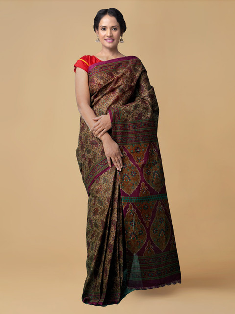 

Unnati Silks Brown & Purple Pure Cotton Printed Handloom Kovai Saree