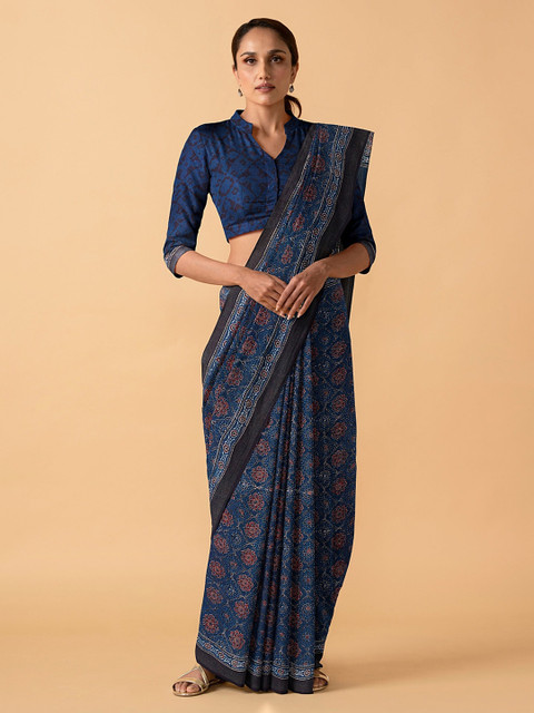 

Taneira Blue Pure Cotton Printed Block Print Ajrakh Saree