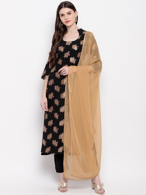 

Janasya Women Black & Beige Embroidered Kurti with Trousers & Dupatta