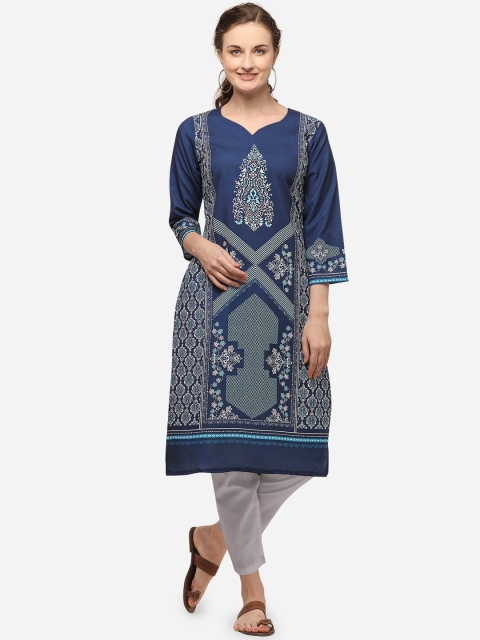 

VENISA Women Navy Blue Ethnic Motifs Printed Crepe Kurta