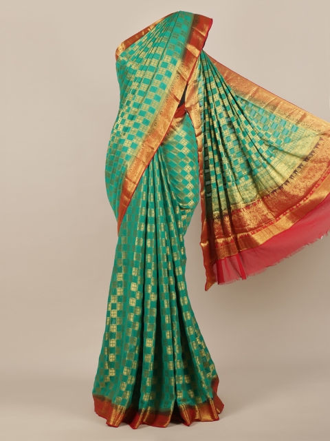 

Pothys Sea Green & Gold-Toned Poly Georgette Woven Design Saree