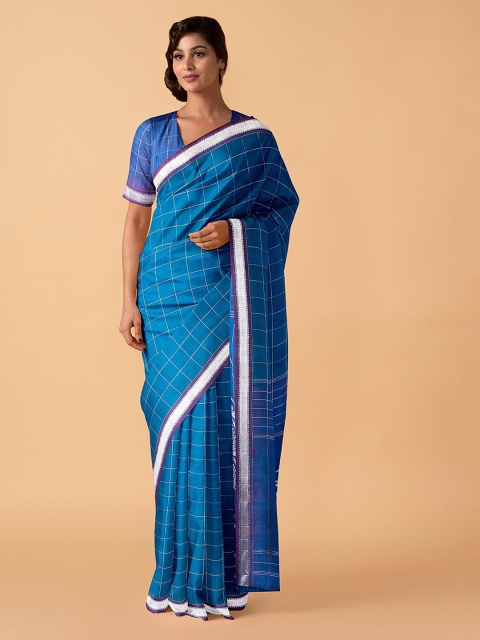 

Taneira Blue Pure Silk Checked Handloom Kanjeevaram Saree
