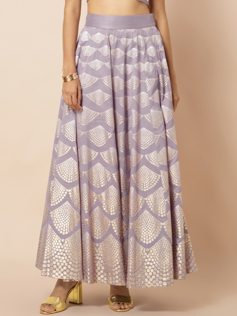 

INDYA Women Lavender & Gold-Coloured Printed Khadi Flared Maxi Skirt