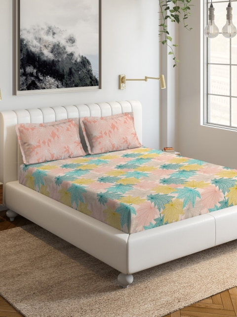 

DDecor Turquoise Blue & Yellow Floral 144 TC Cotton 1 Queen Bedsheet with 2 Pillow Covers