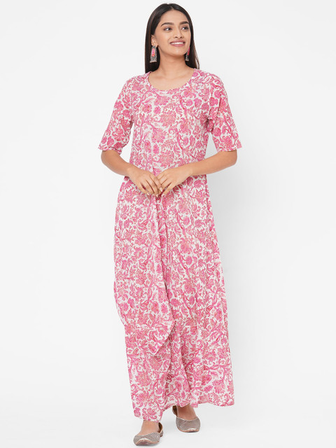 

Vedic Women White & Pink Floral Printed Kurta