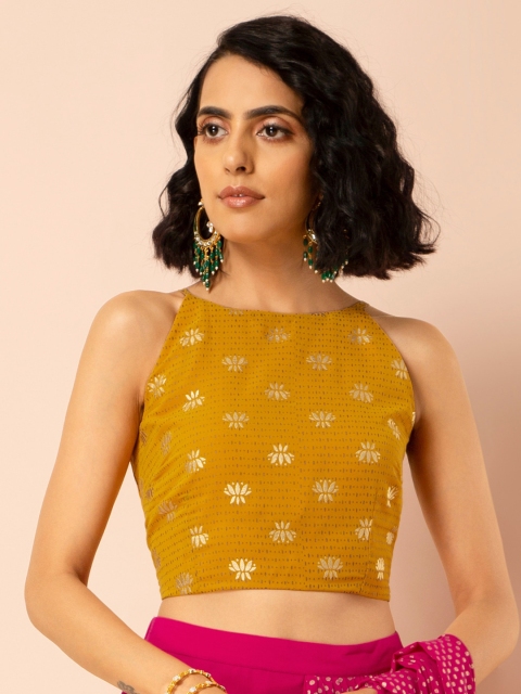 

INDYA Yellow Printed Georgette Crop Top