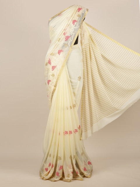 

Pothys Cream-Coloured Embroidered Poly Georgette Saree