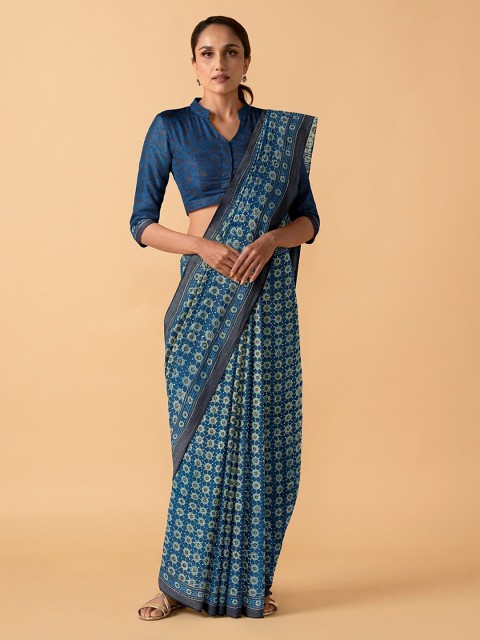 

Taneira Blue Pure Cotton Printed Block Print Ajrakh Saree