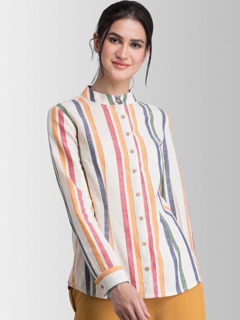 

FableStreet Women Cream-Coloured Regular Fit Striped Casual Shirt