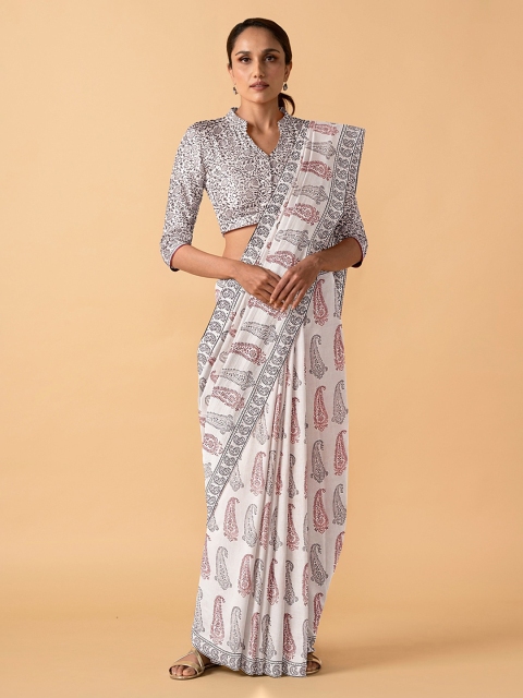 

Taneira Off-White Printed Block Print Saree