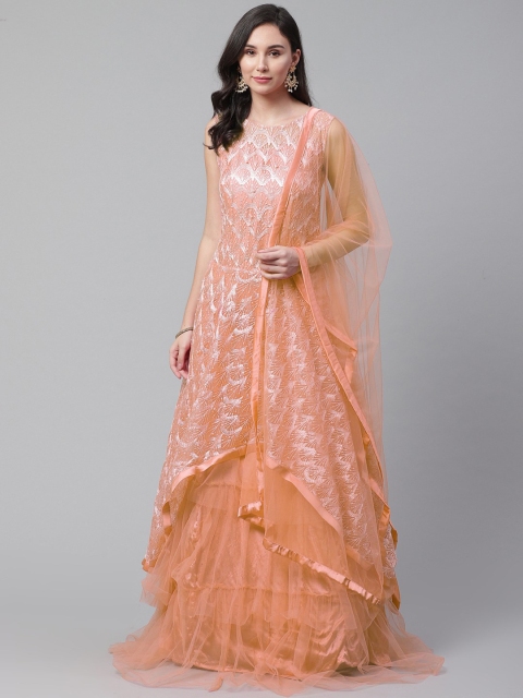 

Chhabra 555 Women Peach-Coloured Embellished Gown Dress With Dupatta