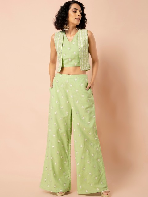 

INDYA Women Green Embroidered Jacket Set